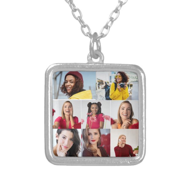 Design Your Own 8 Photo Collage Silver Plated Necklace (Front)