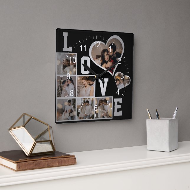 Design Your Own 8 Photo Collage Square Wall Clock (Office)