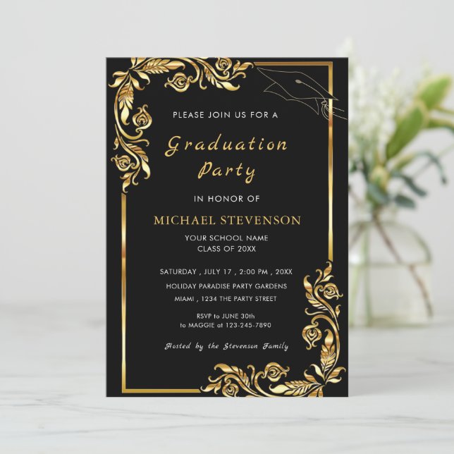 Design Your Own Black Gold Graduation Invitation (Standing Front)