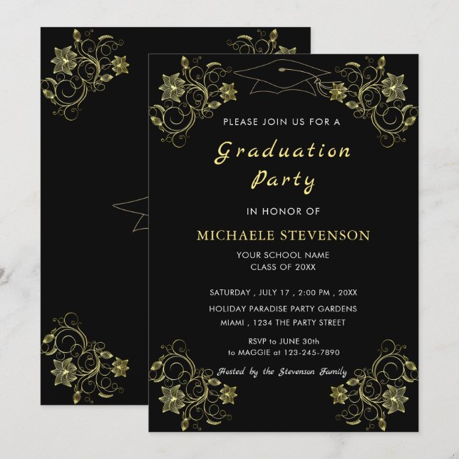 Design Your Own Black Gold Graduation Invitation (Front/Back)