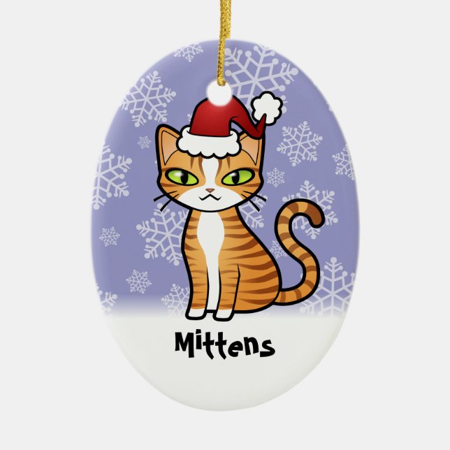 Design Your Own Cartoon Cat (Christmas) Ceramic Ornament (Front)