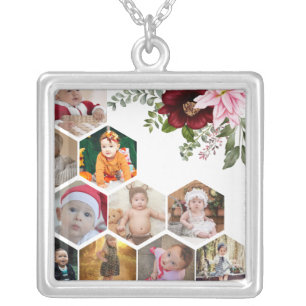 Design Your Own Floral 10 Photo Collage Silver Plated Necklace