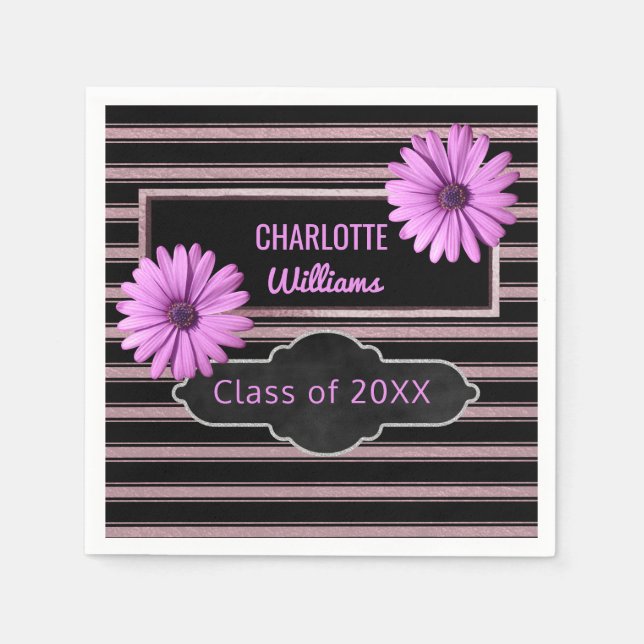 Design Your Own Graduation | Purple Flowers Stripe Napkins (Front)