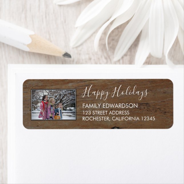 Design your own Happy Holidays family photo wood Label (Insitu)