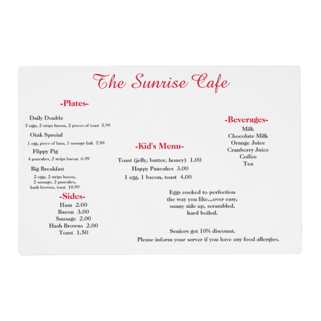 "Design Your Own" Laminated Placemat (Front)