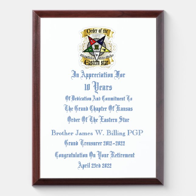 Design your own Order or Eastern Star  Award Plaque (Vertical)