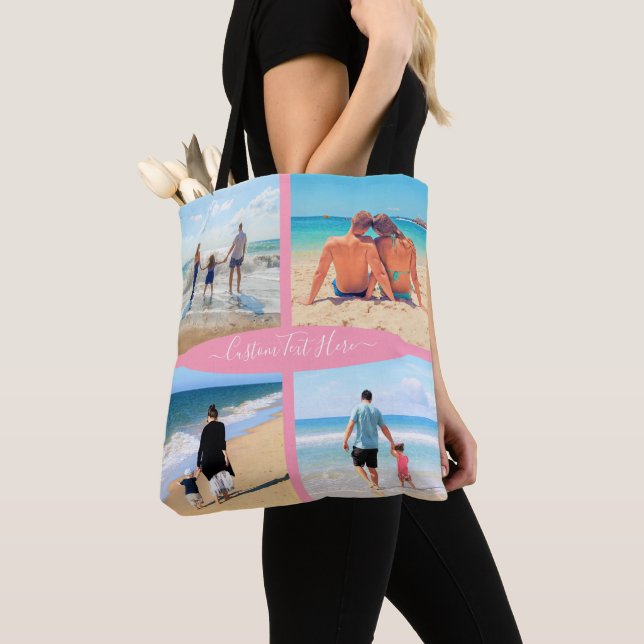 Design Your Own Photo Collage Tote Bag Custom Text (Close Up)