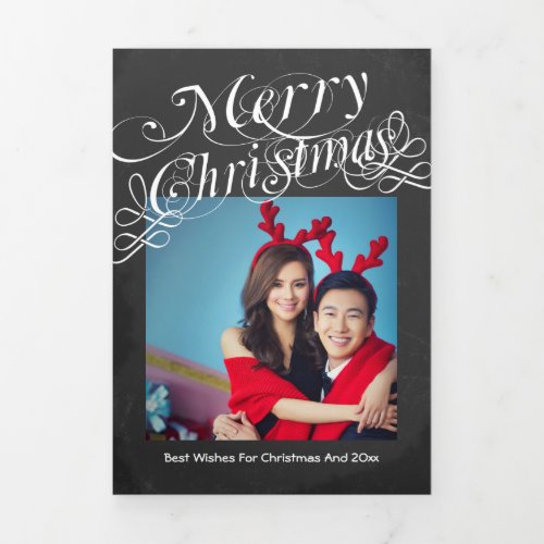 Design Your Own Ten Photo Collage Chalkboard Tri_Fold Holiday Card