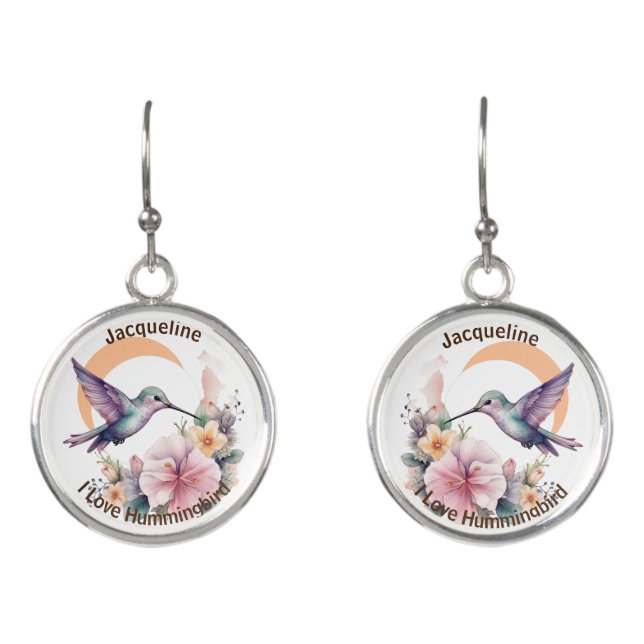 Design Your Own Watercolor Hummingbird Custom Name Earrings (Front)