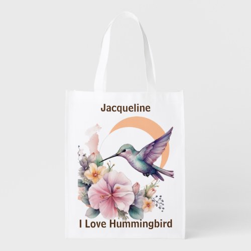Design Your Own Watercolor Hummingbird Custom Name Grocery Bag