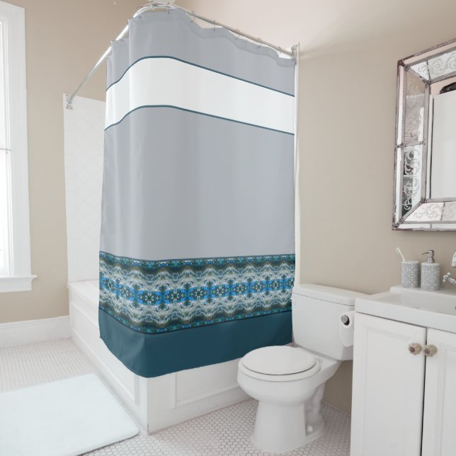 Designer Accented Pattern with Blue White and Grey Shower Curtain (In Situ)