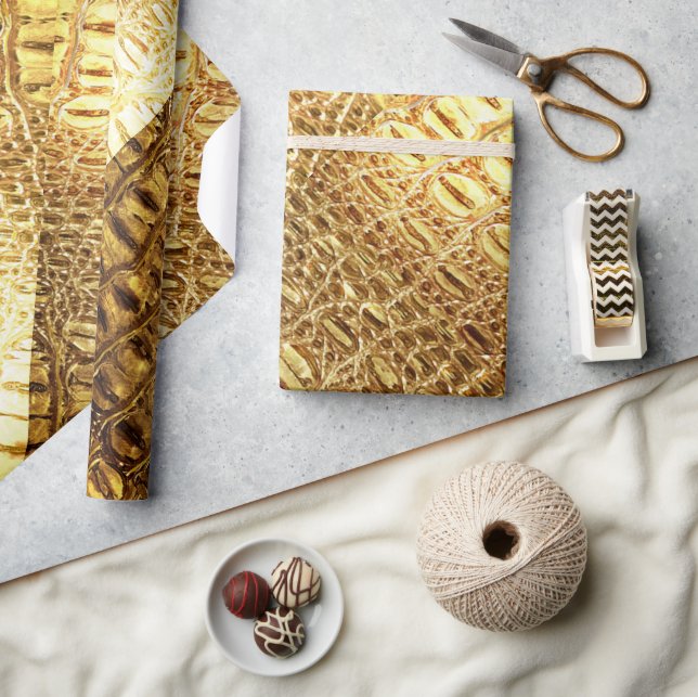 Designer Alligator Crocodile Skin Shiny Gold Brown Wrapping Paper