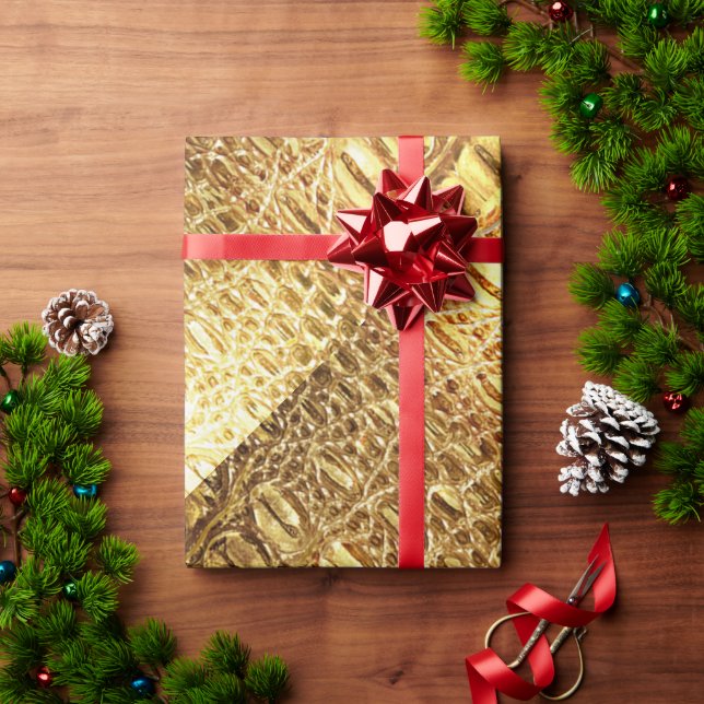 Designer Alligator Crocodile Skin Shiny Gold Brown Wrapping Paper - Main Image