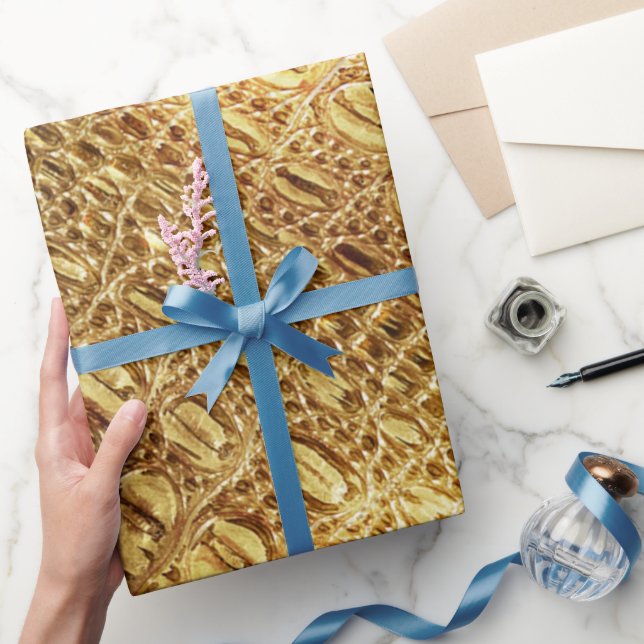 Designer Alligator Crocodile Skin Shiny Gold Brown Wrapping Paper