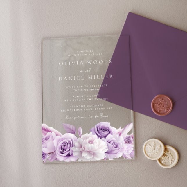 Designer Arch Purple & White Floral Wedding Acrylic Invitations (Creator Uploaded)