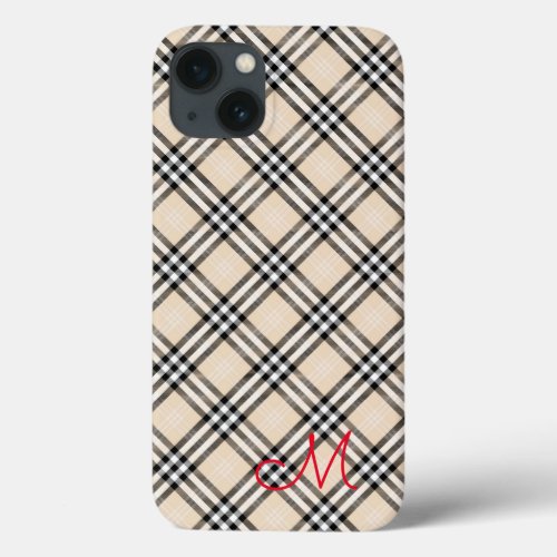 Designer Beige Black Plaid Red Initial Preppy Fall iPhone 13 Case