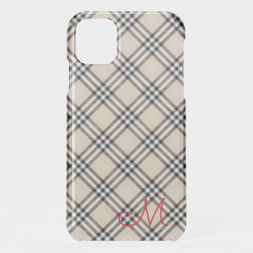 Designer Beige Black Plaid Red Initial Preppy Fall iPhone 11 Case