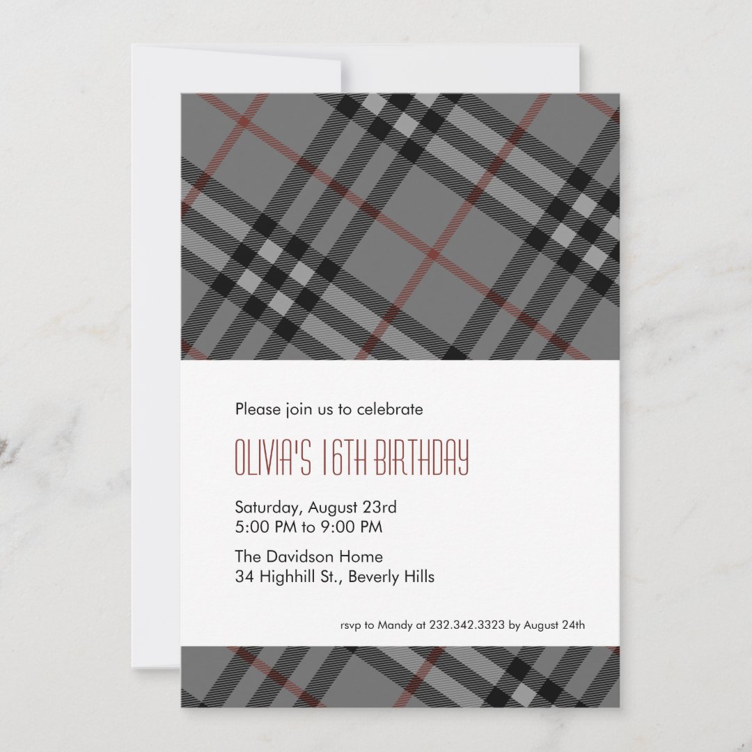 Designer Black Plaid Invitations | Zazzle
