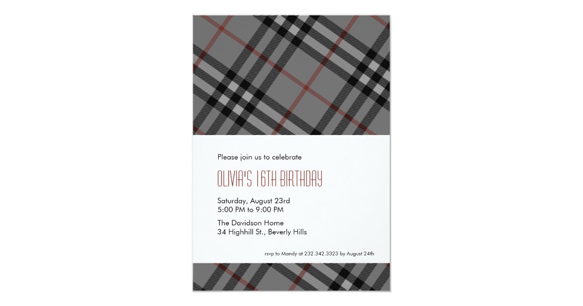 Designer Black Plaid Invitations | Zazzle.com
