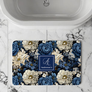 Designer Blue Flowers Personalized Bath Mat