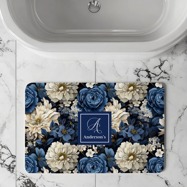 Designer Blue Flowers Personalized Bath Mat (Designer Blue Flowers Personalized Bath Mat)