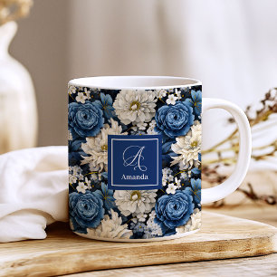 Designer Blue Flowers Personalized Coffee Mug