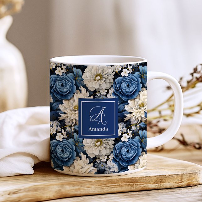 Designer Blue Flowers Personalized Coffee Mug (Designer Blue Flowers Personalized Coffee Mug)
