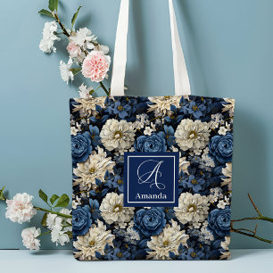 Designer Blue Flowers Personalized Tote Bag
