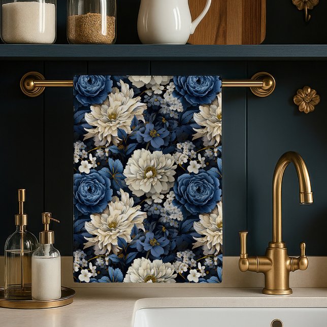 Designer Blue Ivory Floral Chic Kitchen Towel (Designer Blue Ivory Floral Chic Kitchen Towel)
