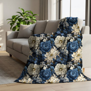 Designer Blue Ivory Floral Elegant Fleece Blanket
