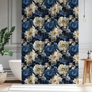 Designer Blue Ivory Floral Elegant Shower Curtain