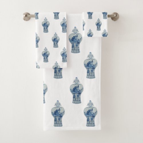 Designer Blue White Ginger Jar Jars  Bath Towel Set
