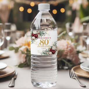 Designer Blush Burgundy 80th Birthday Water Labels