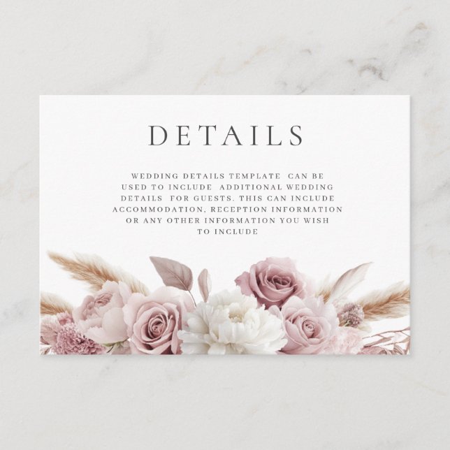 Designer Boho Blush Floral Wedding Details Enclosure Card (Front)