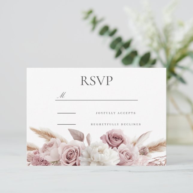 Designer Boho Blush Floral Wedding RSVP Card (Standing Front)