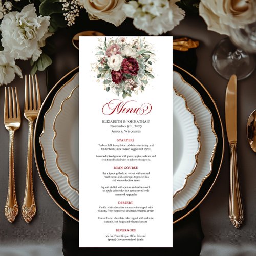 Designer Boho Burgundy Floral Greenery Gold Menu