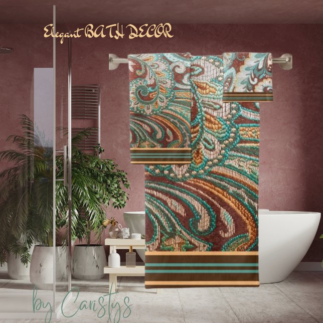 Designer Brocade in Brown, Teal and Gold Bath Towel Set (Creator Uploaded)