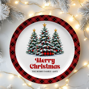 Designer Buffalo Plaid Tree Name Christmas Paper   Plates