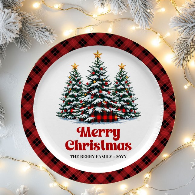 Designer Buffalo Plaid Tree Name Christmas Paper   Plates (Designer Buffalo Plaid Tree Name Christmas Paper Plates)