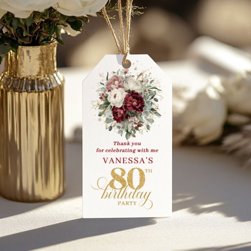 Designer Burgundy Floral 80th Birthday Favor Tags