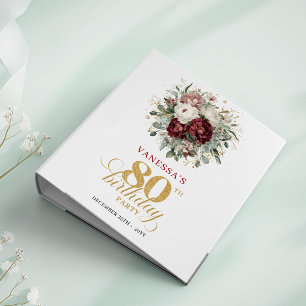 Designer Burgundy Floral 80th Birthday Memory  3 Ring Binder