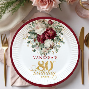 Designer Burgundy Floral Gold 80th Birthday Paper  Plates