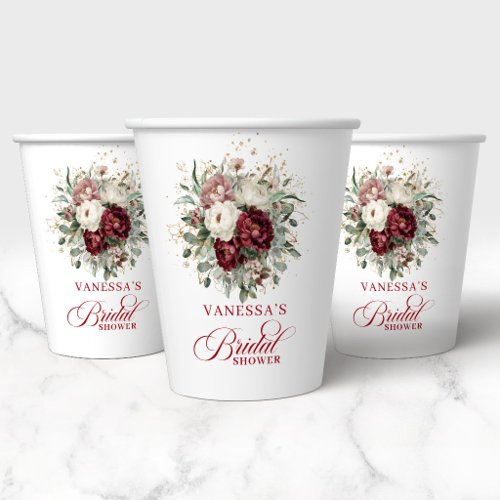 Designer Burgundy Floral Gold Bridal Shower Paper  Cups