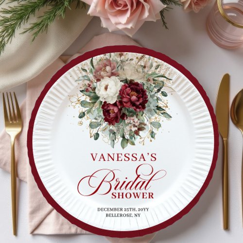 Designer Burgundy Floral Gold Bridal Shower Paper  Plates