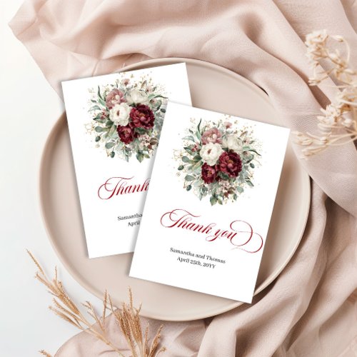 Designer Burgundy Greenery Floral Gold Thank You  Card