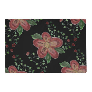 Designer Burgundy Plum Flowered Black Placemat