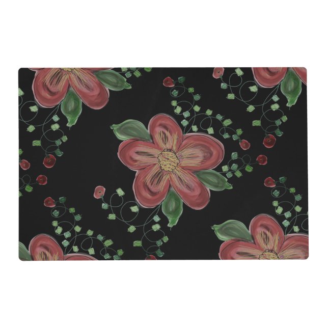 Designer Burgundy Plum Flowered Black Placemat (Front)
