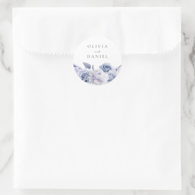 Designer Dusty Blue Floral Wedding Classic Round Sticker (Bag)