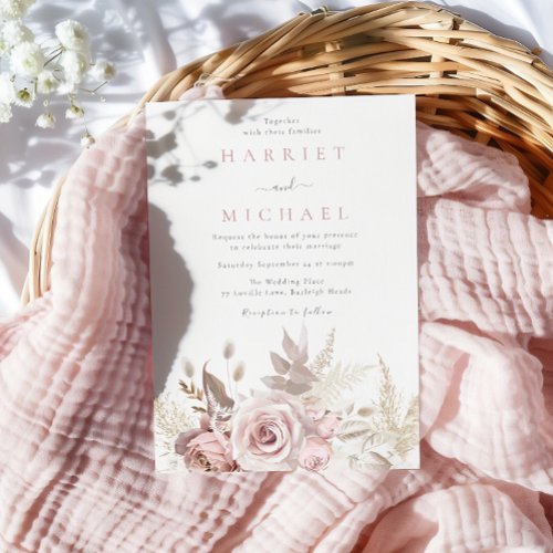 Designer Dusty Rose  Blush Floral Wedding Invitation