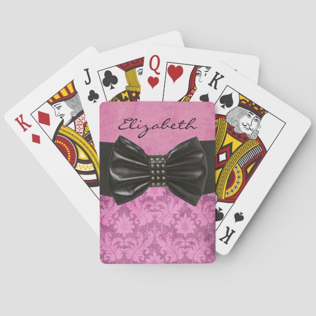 Designer Elegant Damask Pink With Black Bow Art Poker Cards (Back)